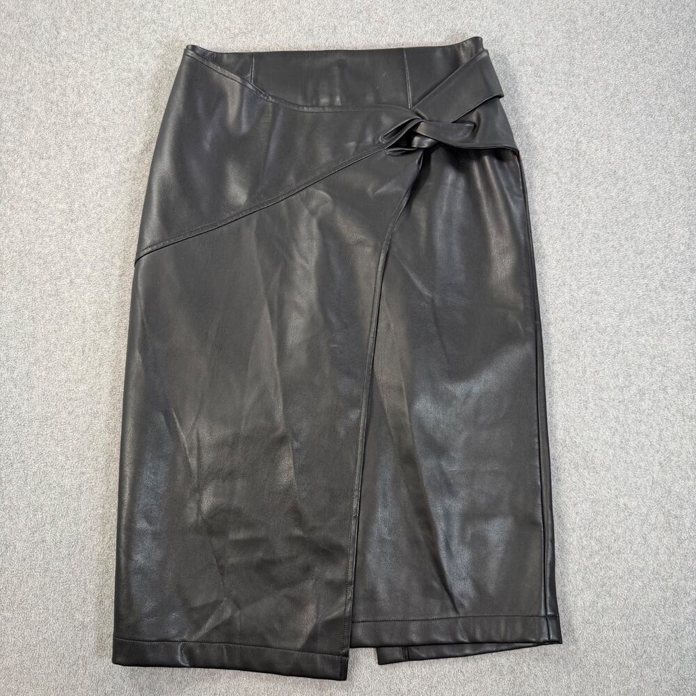 12 Thompson Faux Leather Wrap Skirt Women's Medium Black Knotted Waist Pencil